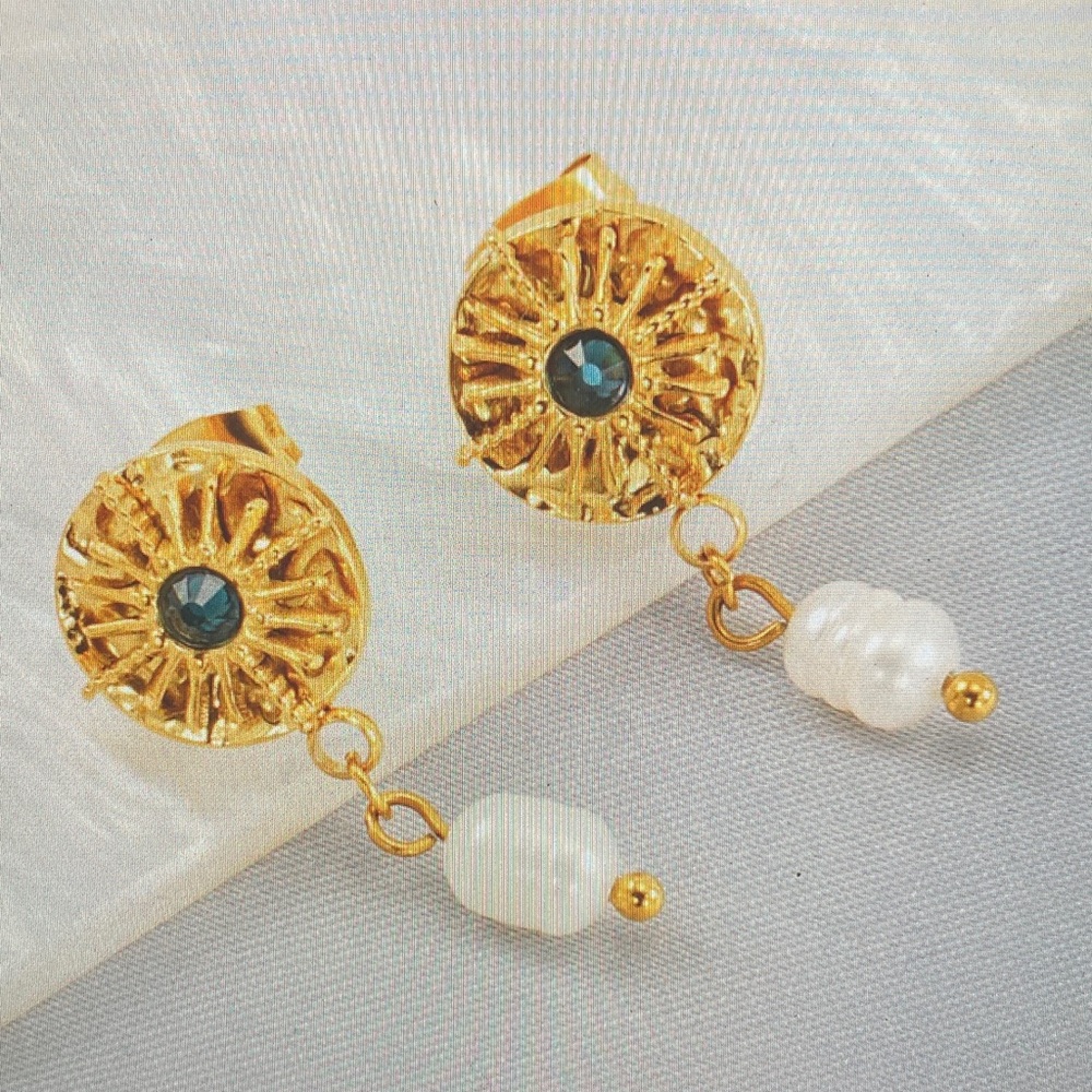 Gold Pearl Drop Earrings with Teal Crystal Accent